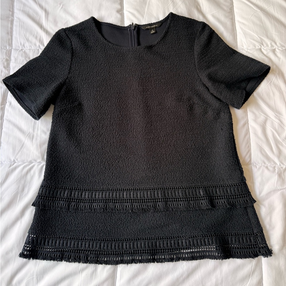Banana Republic Dark Blue Bouclé Fringe Textured Short Sleeve Blouse Women's M